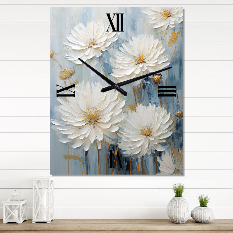 White And Blue Chrysanthemums Painted Ink III - Chrysanthemums Wall Clock Oversized, Extra Large