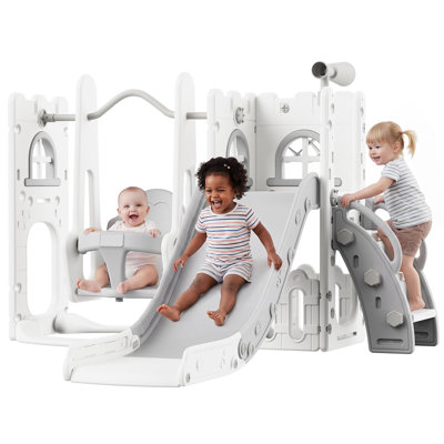 9-in-1 HDPE Toddler Slide and Swing Set – Kids Indoor/Outdoor Playground Playset with Extra Long Slide, Baby Swing, Basketball Hoop, Climbing Tunnel,