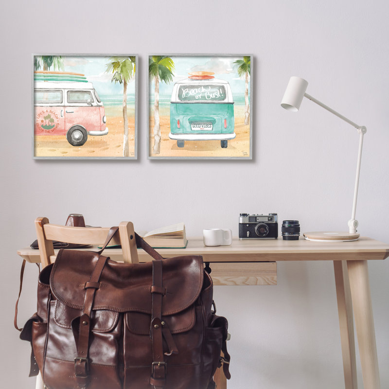 «Tropical Beach Holiday Van» par Dina June, ensemble de 2 peintures sur bois, H 17 po x l 34 po x P 1,5 po