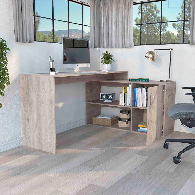 Bureau d'ordinateur en L Axis avec rangement ouvert et fermé, Gris clair