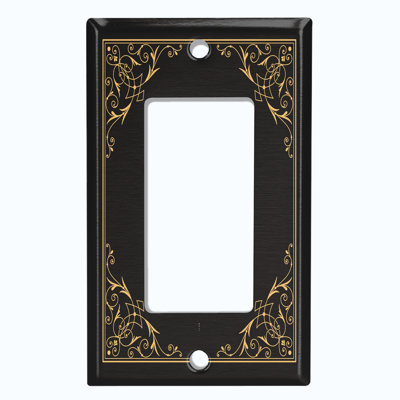 Metal Light Switch Plate Outlet Cover (Vintage Elegant Damask Yellow Frame Black - Single Toggle)