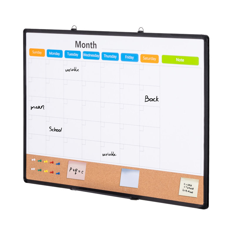 Tableau d'écriture multifonctionnel 36 x 24 po, cadre en aluminium pour tableau blanc avec calendrier mensuel, tableau de liège horizontal avec 10 punaises