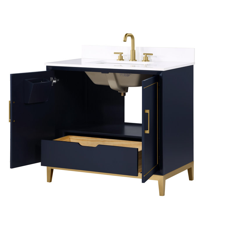 Gracie 36'' W Single Vanity, Pacific Blue, Satin Brass, White Quartz