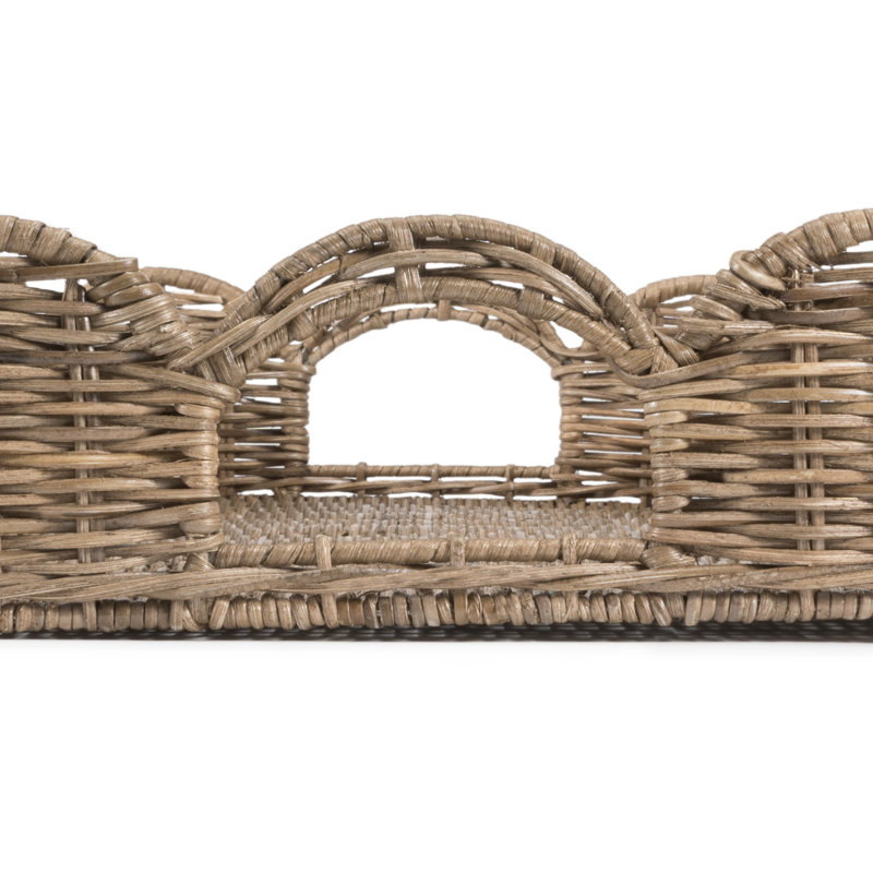  Scalloped 21.5" Southwestern Cottage Hand-Woven Rattan Tray with Handles, Brown