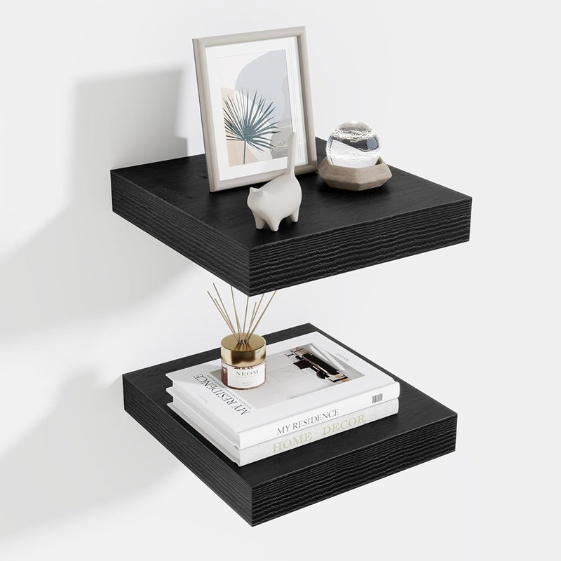 Floating Shelves For Wall 10 Inch, 10 Inch Deep Square Wall Shelves, Bathroom Storage Shelves Over Toilet, Wood Floating Shelves For Living Room Bedroom, Black, Set Of 2