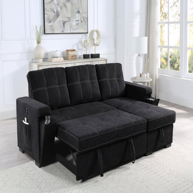Canapé-lit modulaire réversible en tissu tissé noir 95 po avec porte-gobelet de rangement