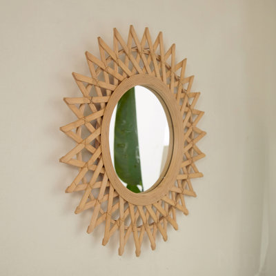24'' Solana Mirror, Wall-Mounted Bamboo Artistry Circle Mirror With Hemp, Irregular Shape, Suitable For Bathroom, Bedroom, Living Room, Entryway, Etc.