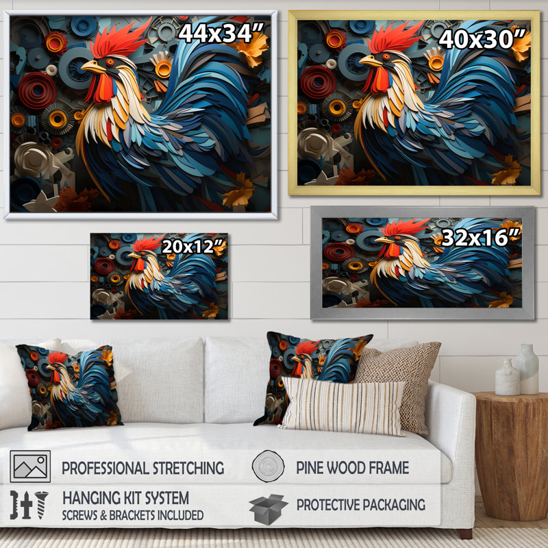 Portrait de coq sur fond géométrique sur toile, Cadre simple noir, H 34 po x l 44 po x P 1,5 po