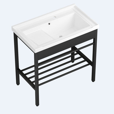 32" W Freestanding Laundry Sink with Integrated Washboard and Black Metal Frame