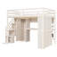Lit mezzanine double beige avec garde-robe intégrée, bureau, rangement et espace de rangement pour les chambres à coucher compactes avec éclairage intégré, petit