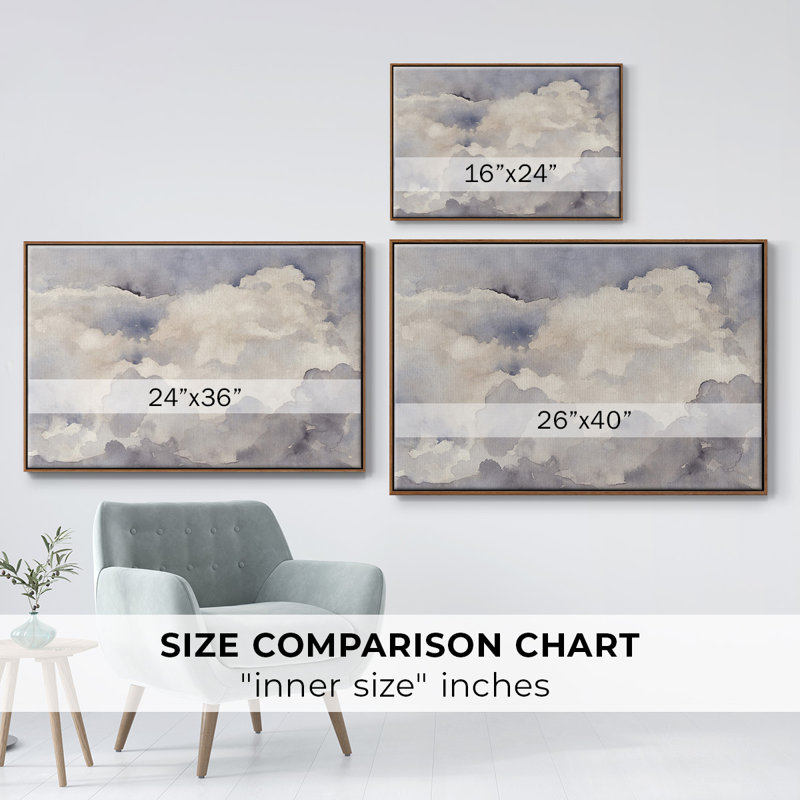 «Clouds In Neutral I», peinture sur toile encadrée, H 27 po x l 41 po x P 2 po, Cadre noyer