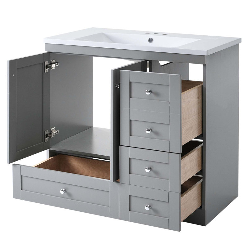 Armoire de salle de bain sur pieds 36 po avec lavabo, 4 tiroirs à fermeture en douceur et 2 portes à fermeture en douceur Shaker