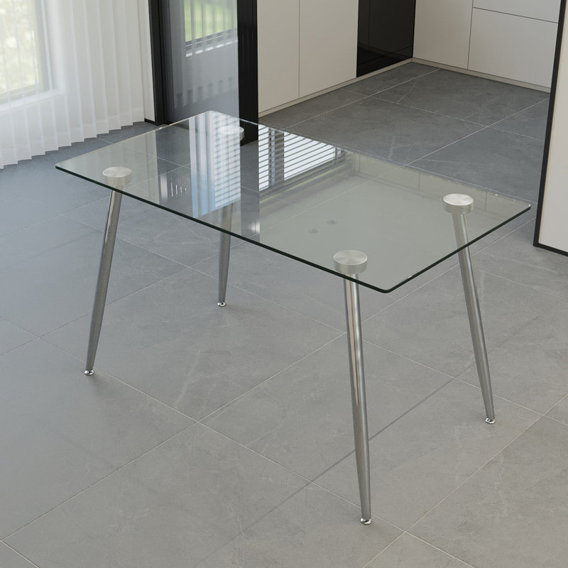Table de salle à manger en verre, table rectangulaire moderne avec plateau en verre trempé et pieds en métal argenté, table de cuisine simpliste, table polyvalente pour le bureau personnel (0 dommage)