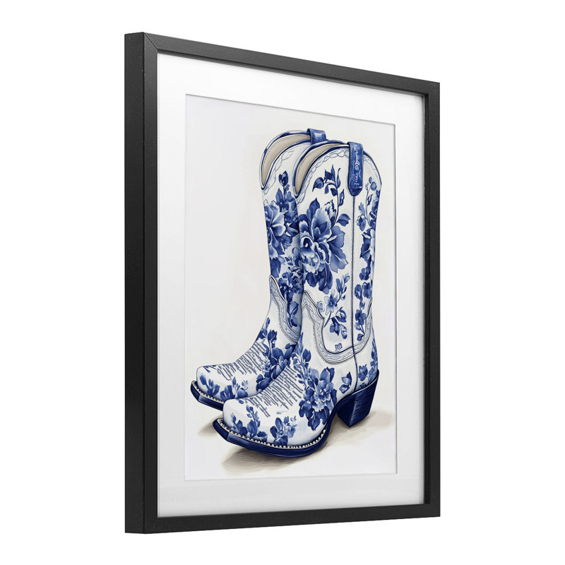 «Blue Chinoiserie Cowboy», reproduction encadrée sous verre, conception de Heidi Kuntz, Cadre noir minuit, H 21 po x l 17 po