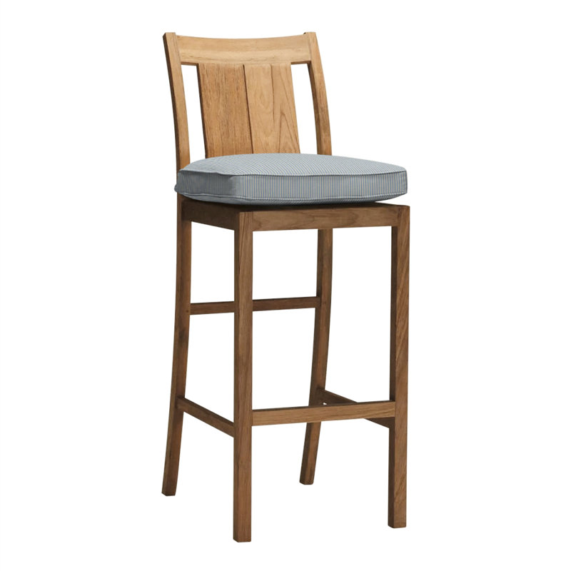 Croquet 24.5" Patio Bar Stool with Cushion, Welt, Natural Teak, Indigo Velvet