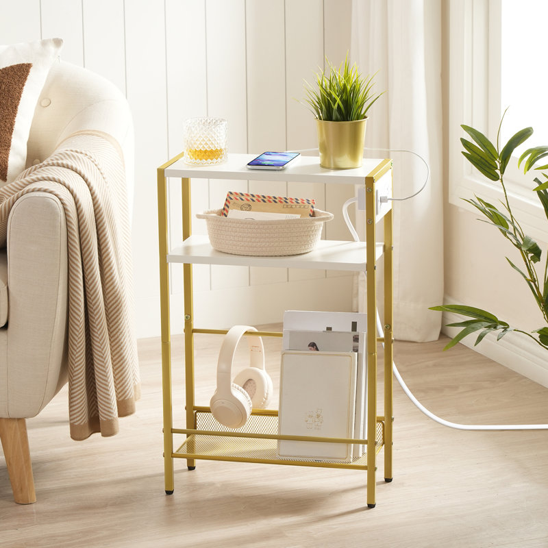 Table d'appoint étroite avec station de recharge, White, Gold