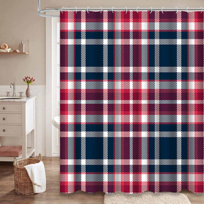 Red Blue Plaid Fabric Towel Navy Shower Curtain with 12 Hooks