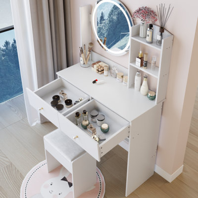 17" Round Led Vanity Table With Touch Switch, 3 - Color , Soft Cushioned Stool, Multi Layer Storage, Ideal For Small Living Spaces, American Style, White Dressing Mirror Cushion Large Desktop, High