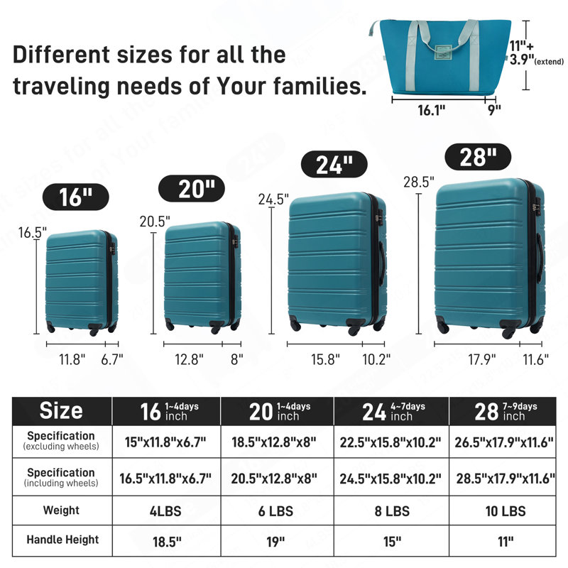 Valise Hardshell 4 pièces + valise à roulettes avec verrou TSA - Bagages légers de 16 po + 20 po + 24 po + 28 po