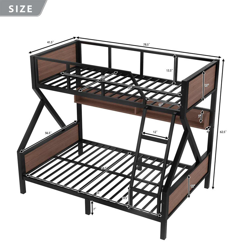 Metal Bunk Bed With Built-In LED Light & Storage Shelves Safe Design For Kids & Adults, Brown/Black, Twin Over Full