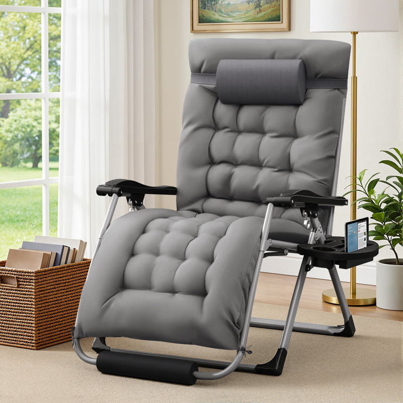 Oversized Zero Gravity Chair with Removable Thick Cushion, Lawn Patio Reclining Chair Upgraded Alloy Lock and Cup Holder, for Indoor Outdoor, Grey