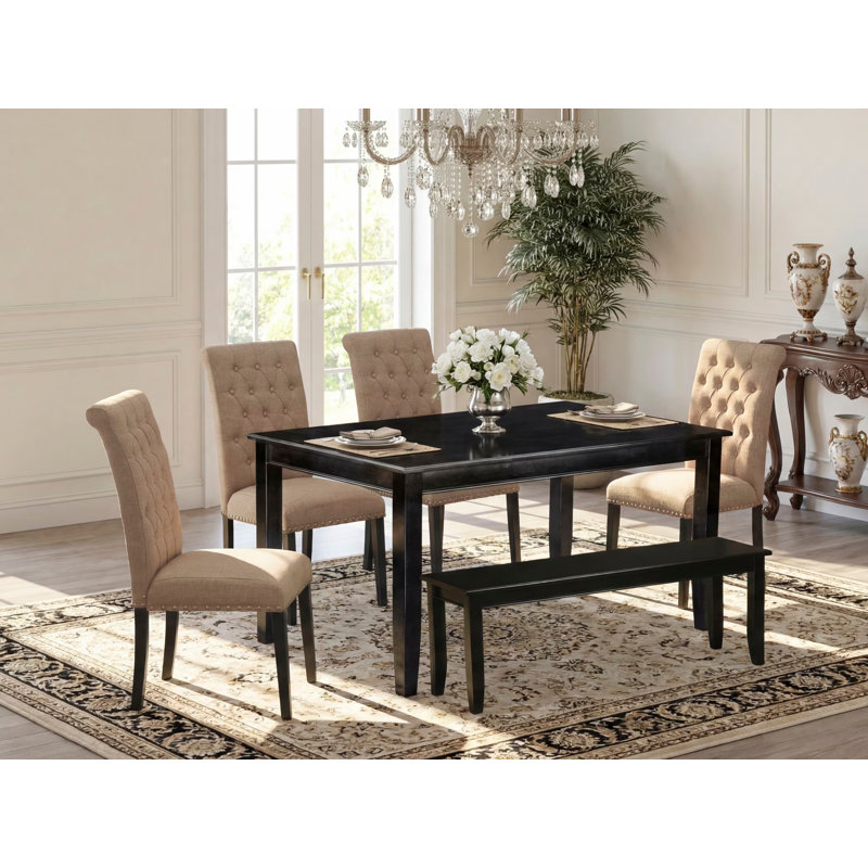 Bowenvale Person Rubberwood Solid Wood Dining Set, Black, Light Sable, 6 Pieces: Table, Bench, 4 Chairs