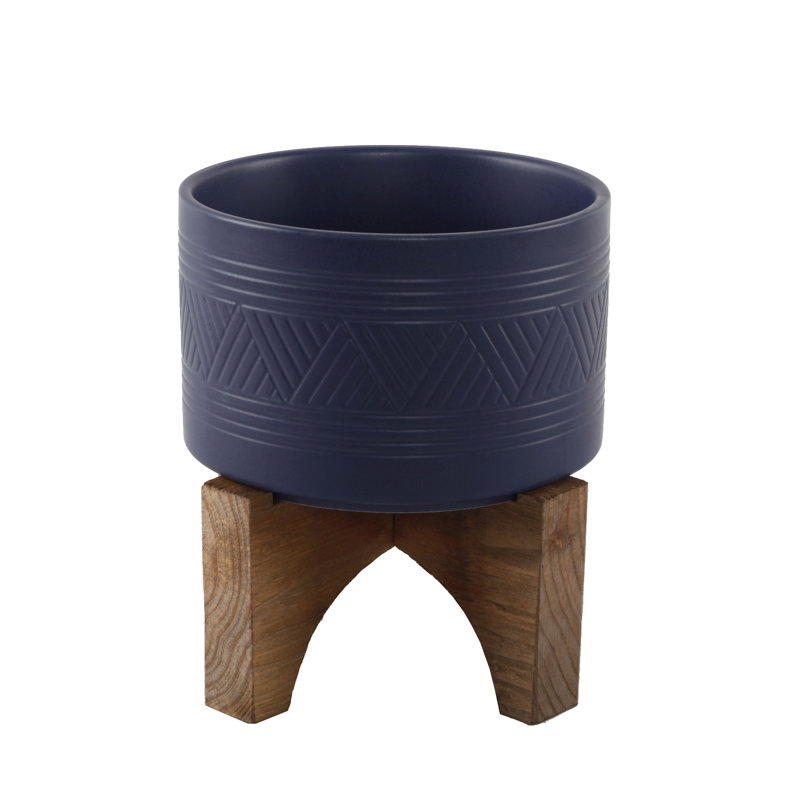 Pot de fleurs en céramique à imprimé tribal, Bleu marine
