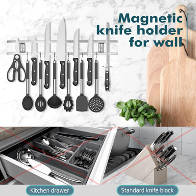 Porte-couteaux magnétique mural - Barre magnétique en acier inoxydable 45,7 cm (18 pouces) - Support mural magnétique pour couteaux avec crochets