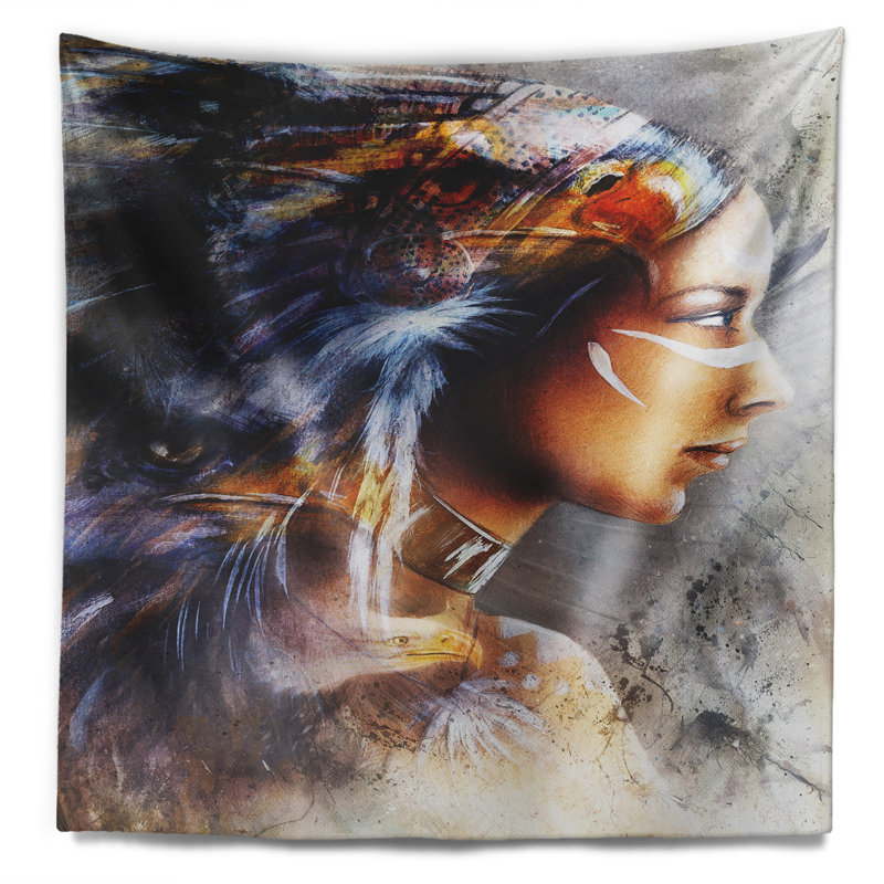 Femme indienne avec tapisserie d'aigles cheval blanc, H 32 po x l 39 po
