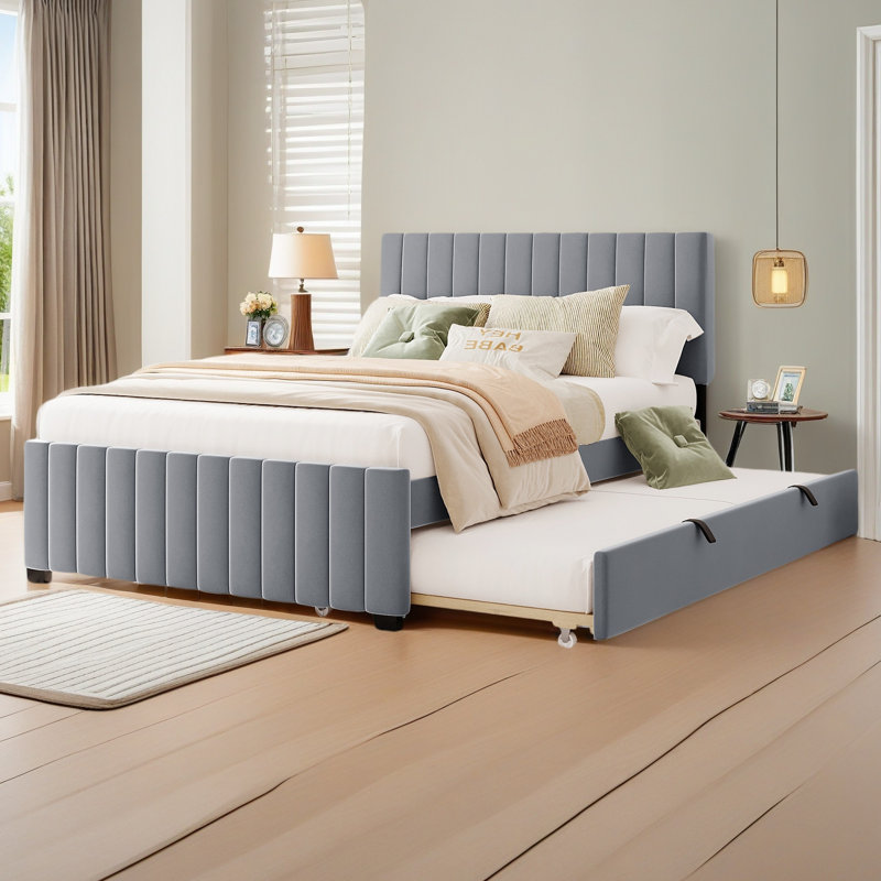 Lit plateforme double en velours avec lit gigogne, Gris
