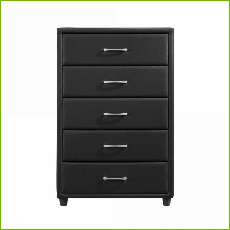 Commodes et amp; Armoire, commode contemporaine 5 tiroirs en similicuir noir avec poignées argentées | Noir | Contreplaqué