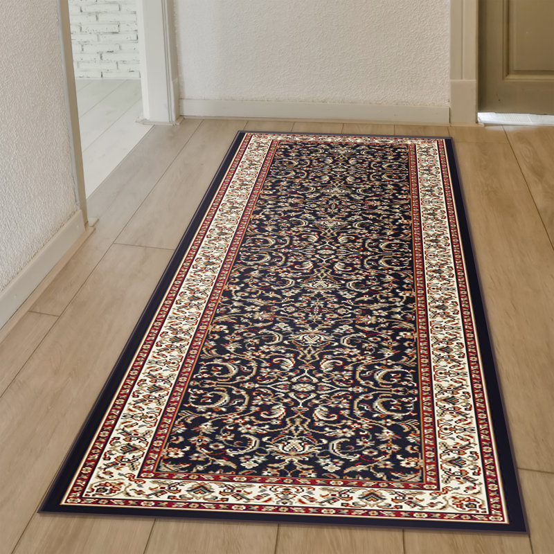 Tapis traditionnel noir à motif floral, Tapis de couloir 2 pi 2 po x 8 pi