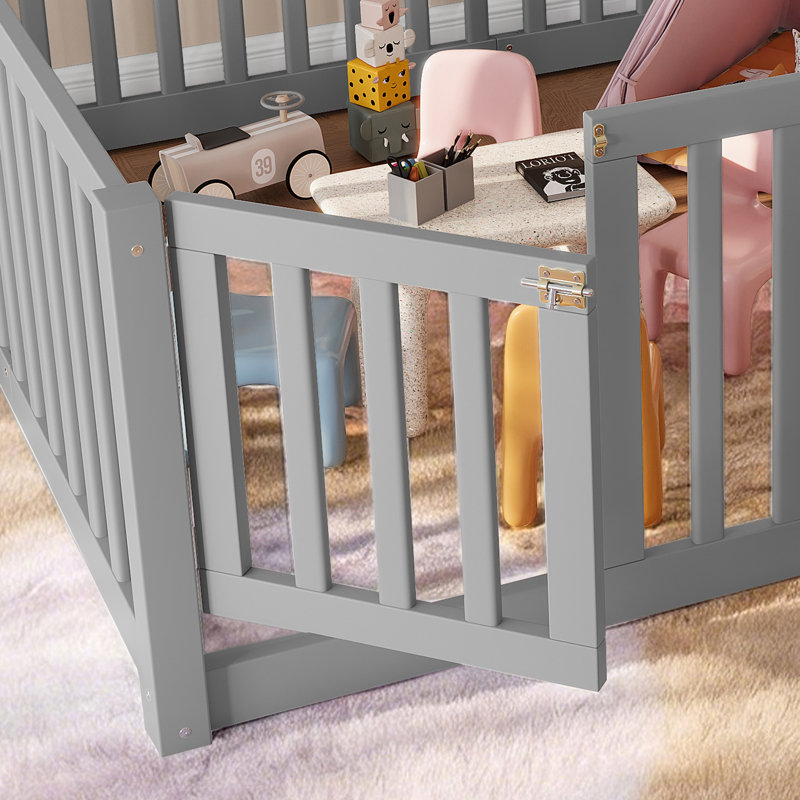 Lit sur pied avec garde-corps et porte pour enfants, Full, Gris