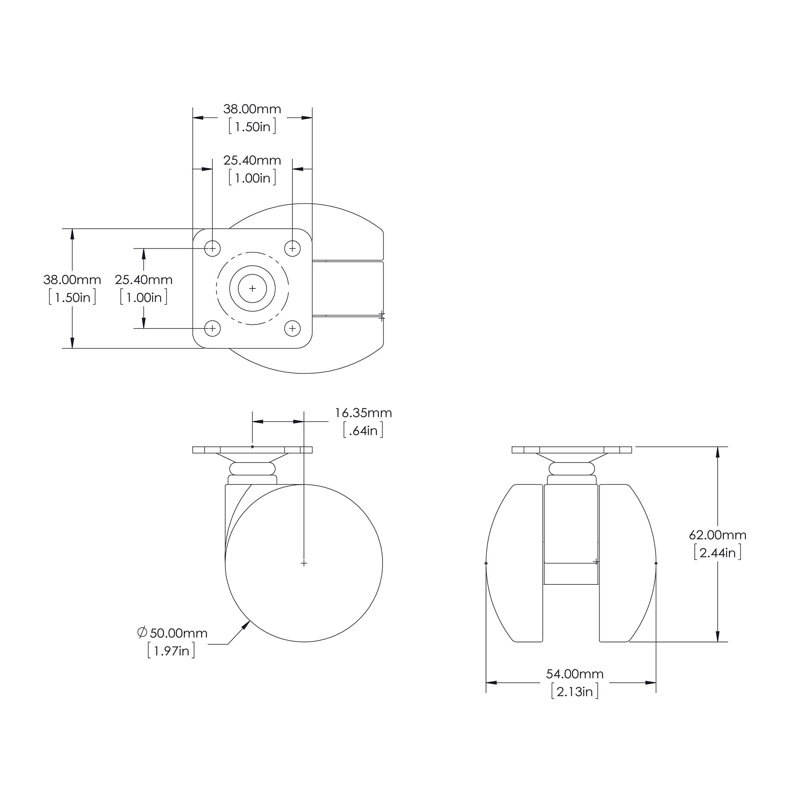 2 po Roulettes noires pivotantes en nylon sans capuchon