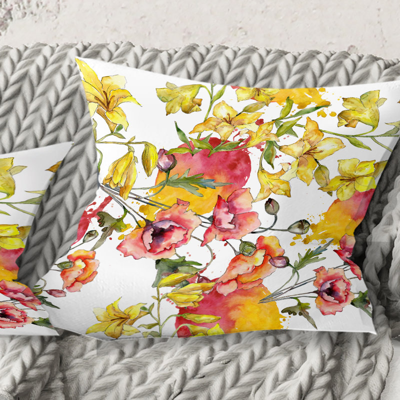 Coussin rétro imprimé à la main coquelicots IV - Mid-Century, 18 po x 18 po