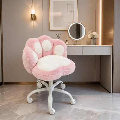 Chaise de coiffeuse mignonne en forme de patte de chat avec pivot à 360°, hauteur réglable et roulettes – Chaise de bureau en polaire sherpa pour filles et adolescentes (rose et blanc)