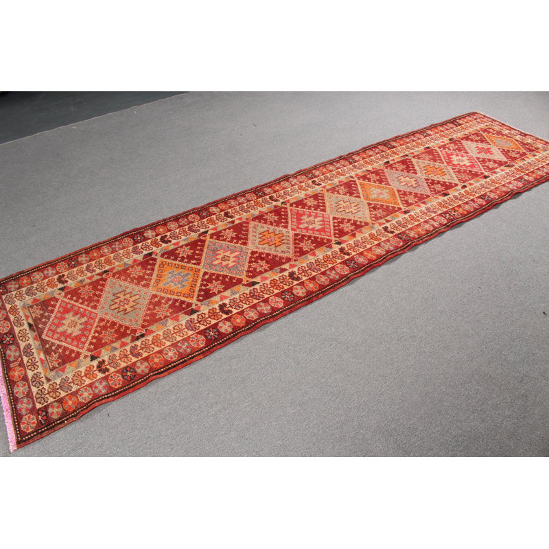 Tapis de couloir antique turc Herki en laine orange pour les escaliers et la décoration intérieure avec un look rétro unique