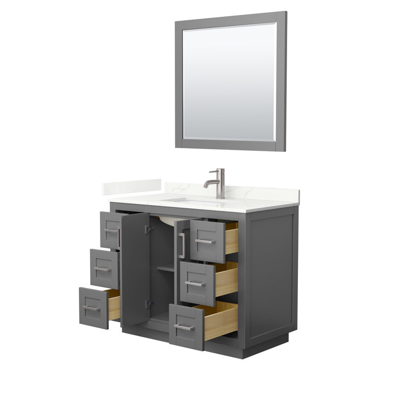 Miranda 42" Freestanding Single Bathroom Vanity with Quartz Top with 34" Mirror, Giotto Quartz, Dark Gray, Brushed Nickel