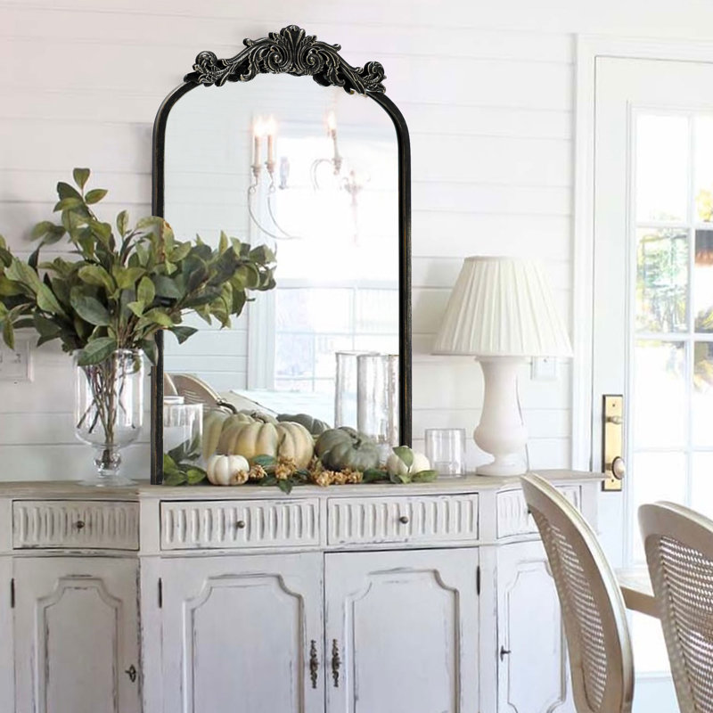 Baroque Style Metal Arched Wall Mirror, Decorative Mirror, 24" x 36" , Black