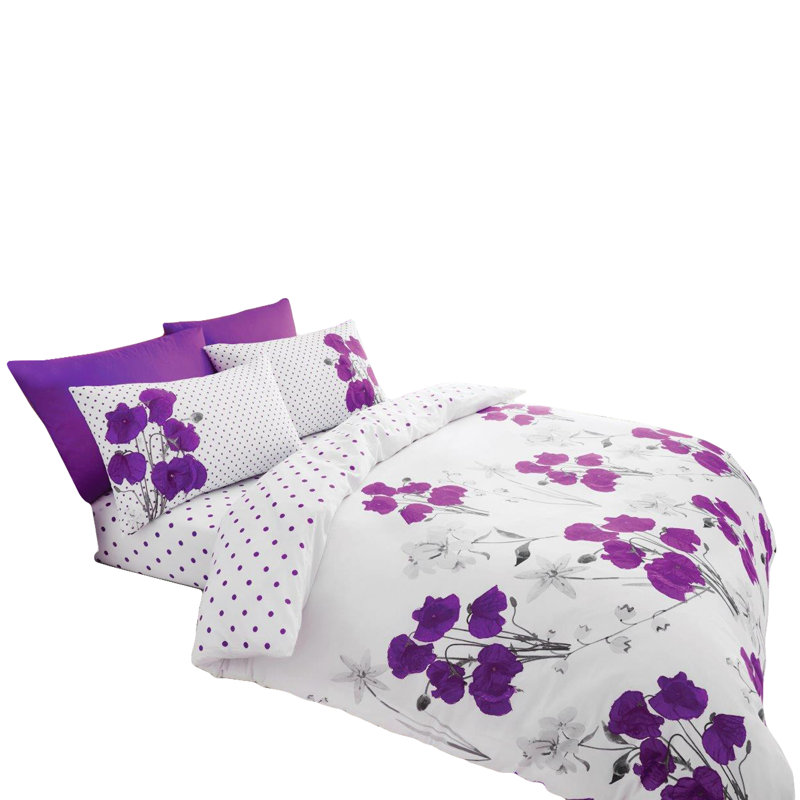 Floral Design Duvet Cover Set Polycotton with Pillowcases - Yarn Bedding, Single, Aubergine