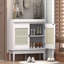 Banc d'entrée bohème en rotin avec rangement, banc à chaussures rembourré avec double porte, banc organisateur de chaussures en bois pour entrée et couloir (blanc + beige)