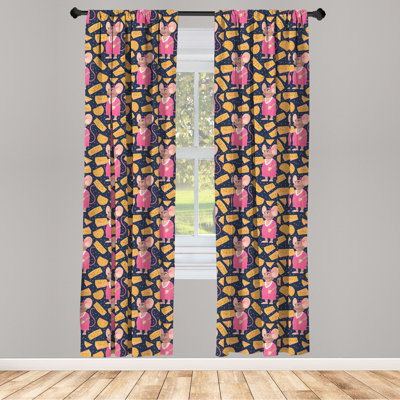 George Oliver Animal 4-Panel Curtains, Rat Girl in Dress and Cheese, Indigo Pink Pale Brown -  55DD13E3CE964C15B88750BE4C577080