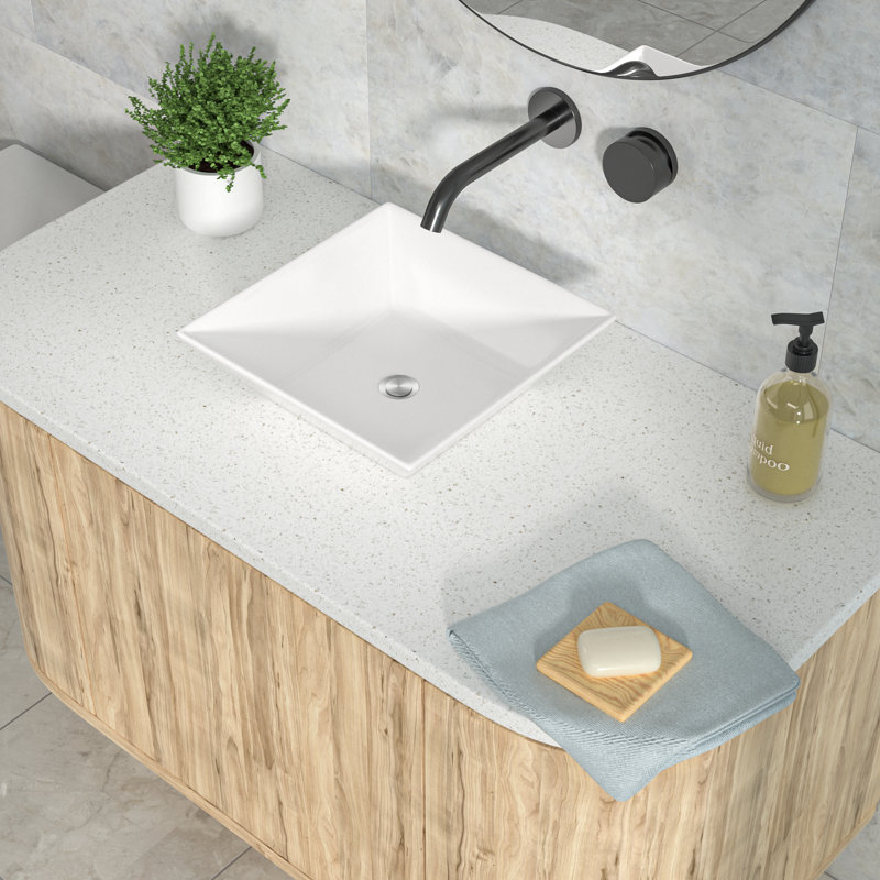 16" Square Vessel Bathroom Sink, White Ceramic Above-Counter Basin