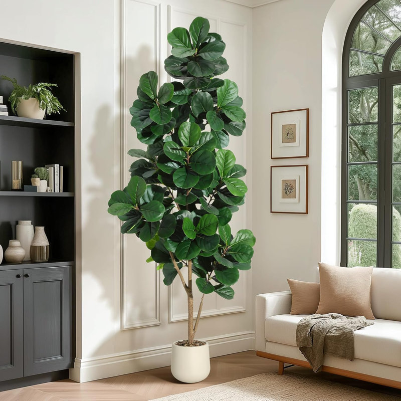 Figuier 7 pi 7 pi artificiel avec 139 feuilles - Faux Ficus Lyrata réalistes dans un pot à fleurs blanc de 9 po, cadeau de pendaison de crémaillère