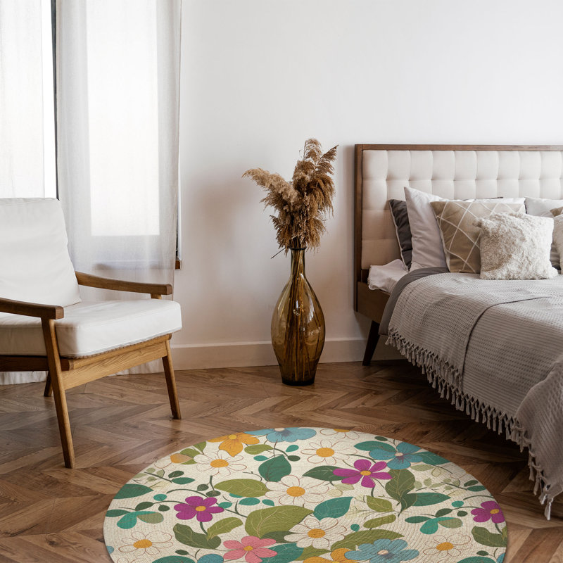 Tapis tressé à motif floral printanier, Rond 5 pi