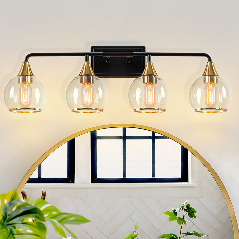 4-Light Modern Clear Globe Glass Shades Vanity Light, Matte Black/Gold