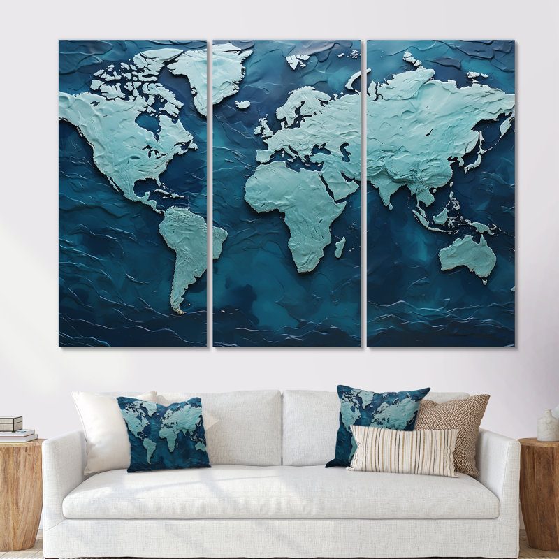 Carte du monde océanique ombrée - ensemble d'art mural carte du monde, Toile tendue, H 32 po x l 48 po x P 1 po