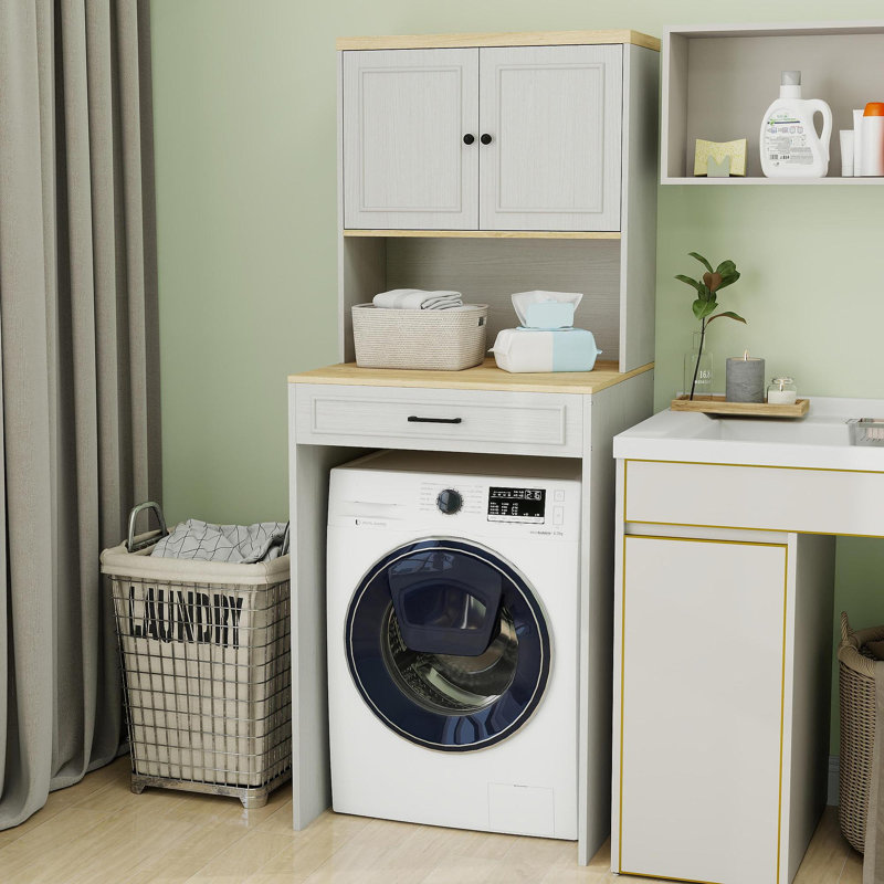 Over The Washer, Dryer And Robot Vacuum Storage Cabinet Suitable For Compact Washing Machines, Laundry Room Storage Organizer With 1 Door, A Adjustable Shelf And A Fake Drawer Design-Antique White