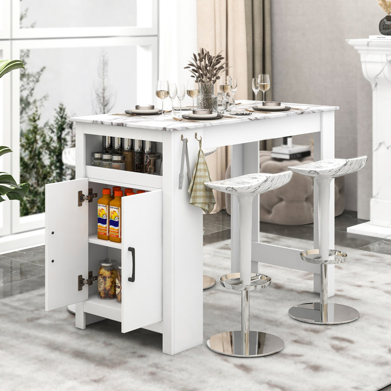  47'' Long Counter Height Table Bar Table Faux Marble Pub Table W/ Cabinet