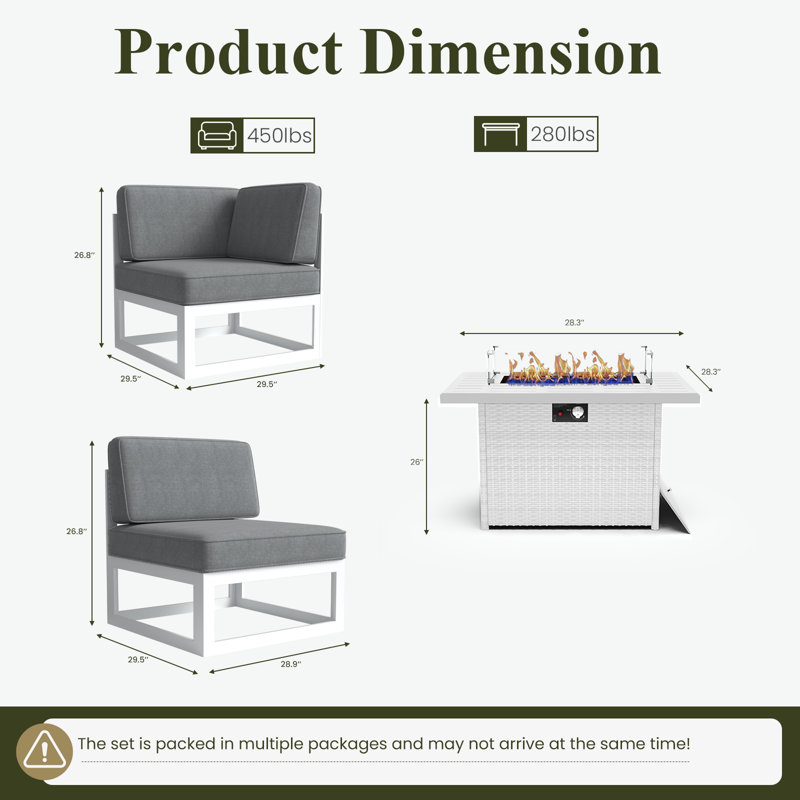  8 Pieces Modern Aluminum Patio Furniture Set With Fire Table, Outdoor Modular Sectional Conversation Set L-shaped Sofa For Backyard
